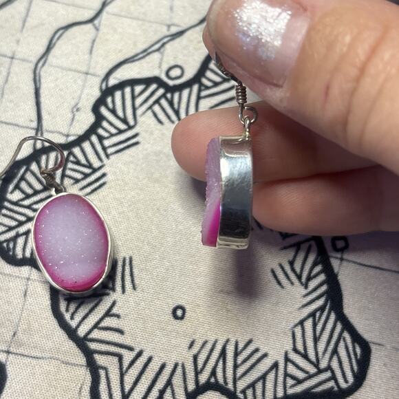 Pink Druzy 925 Sterling Silver Polished Stone Oval Shaped Dangle Earrings - Picture 3 of 6